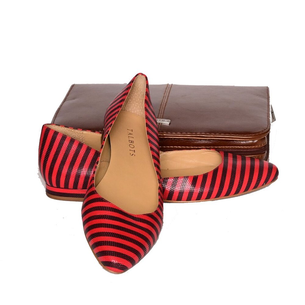 TALBOTS Edision Vibrant Poppy & Navy Striped Ballet Flats-Preppy- Nautical vibes - Picture 3 of 13